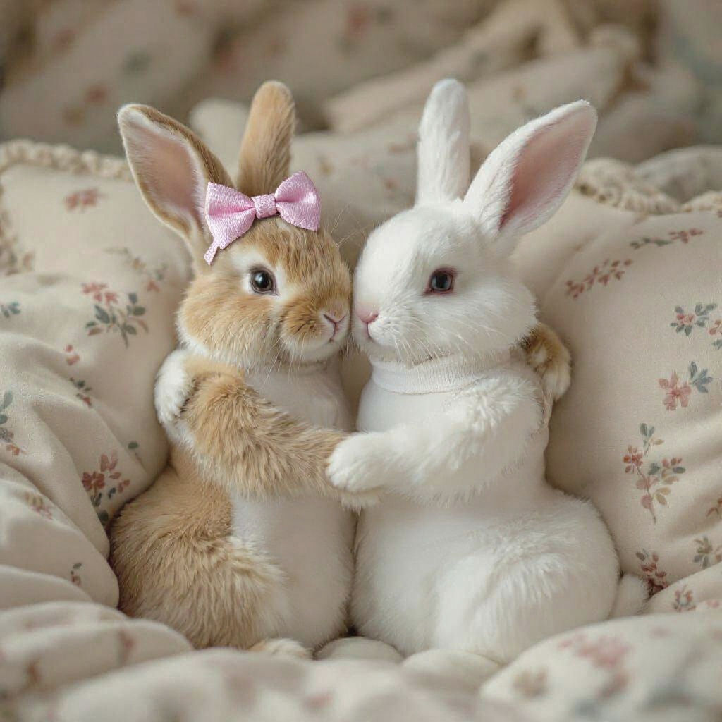 Rabbits in Bow Ties Hugging in a Pillow