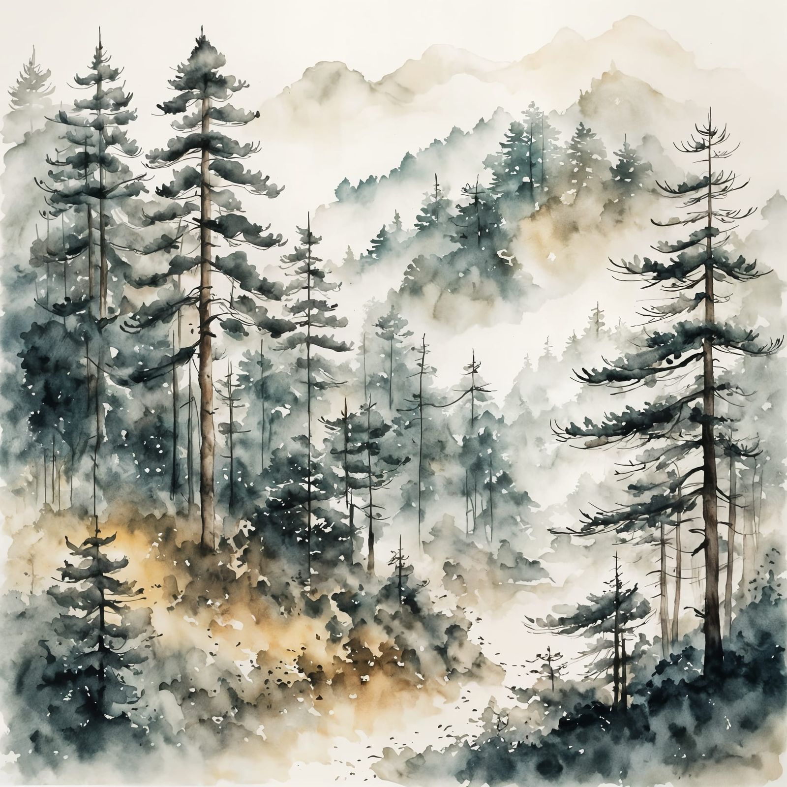 Misty Evergreen Forest in Watercolor Painting Style