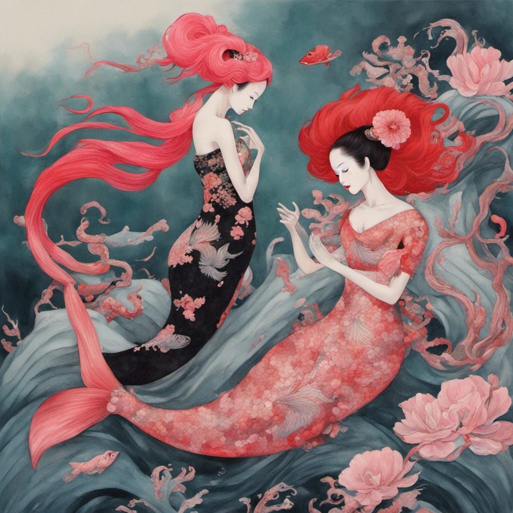Striking Geisha and Bald Mermaid Gouache Painting