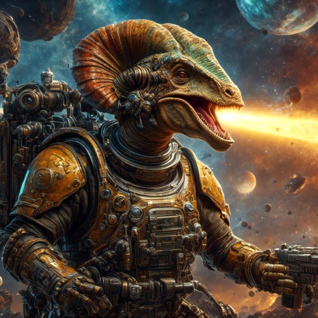 Laughing Sci-Fi Parasaurolophus Warrior in Comic Style