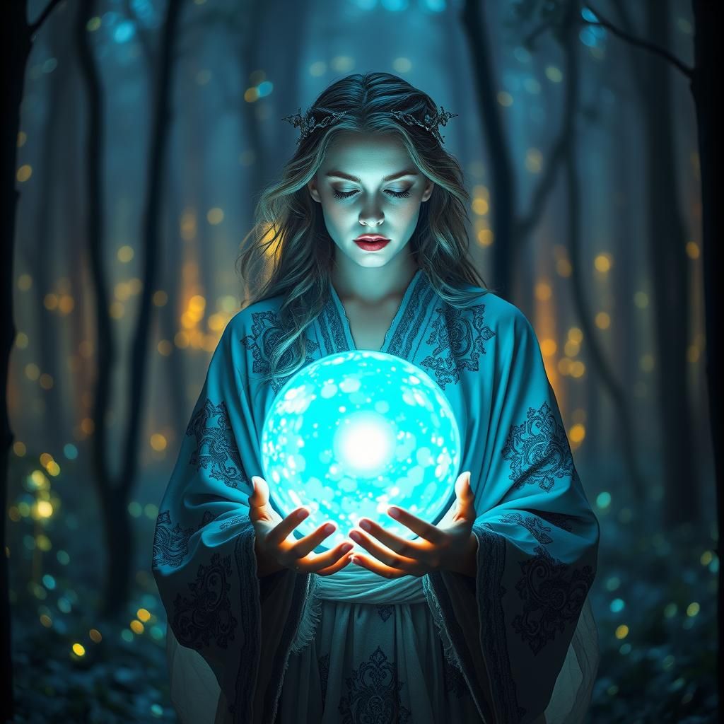 Woman with Glowing Orb in Bioluminescent Forest