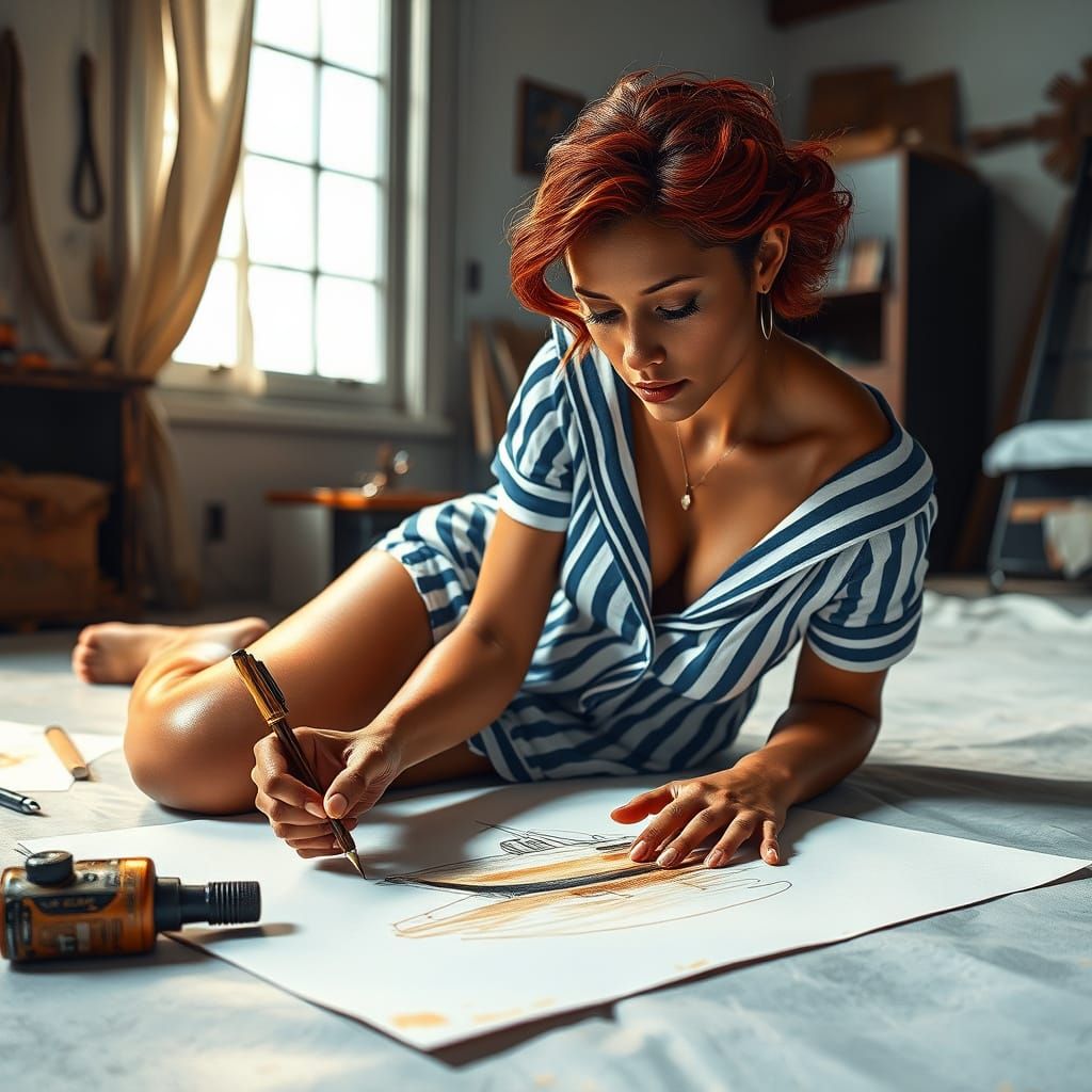 Redhead Sailor Woman Drawing Boat in Bedchamber
