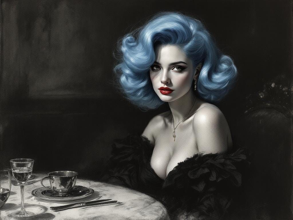 Elegant Woman with Blue Hair in Charcoal Sketch Style