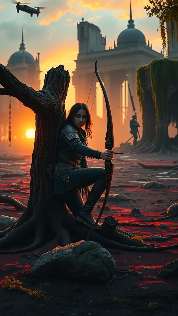 Woman in Hunger Games Arena at Dusk, Wielding Intricately Ca...