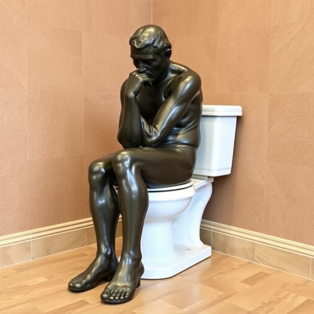 Rodin's Thinker Seated on a Ceramic Toilet in Bronze