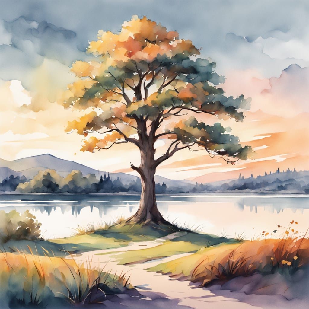 Majestic Tree at Serene Lake Sunset
