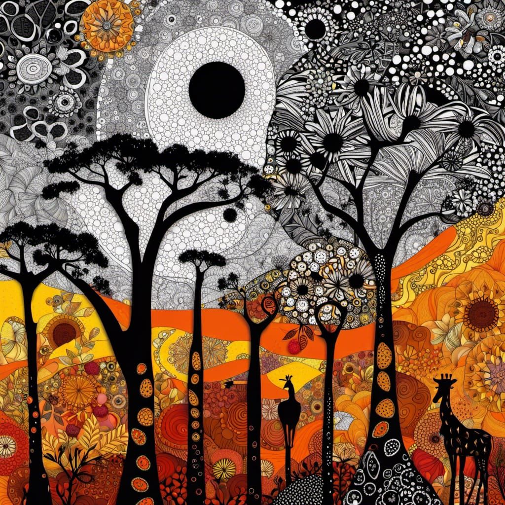 Giraffes in Zentangle with Pointillism Flowers