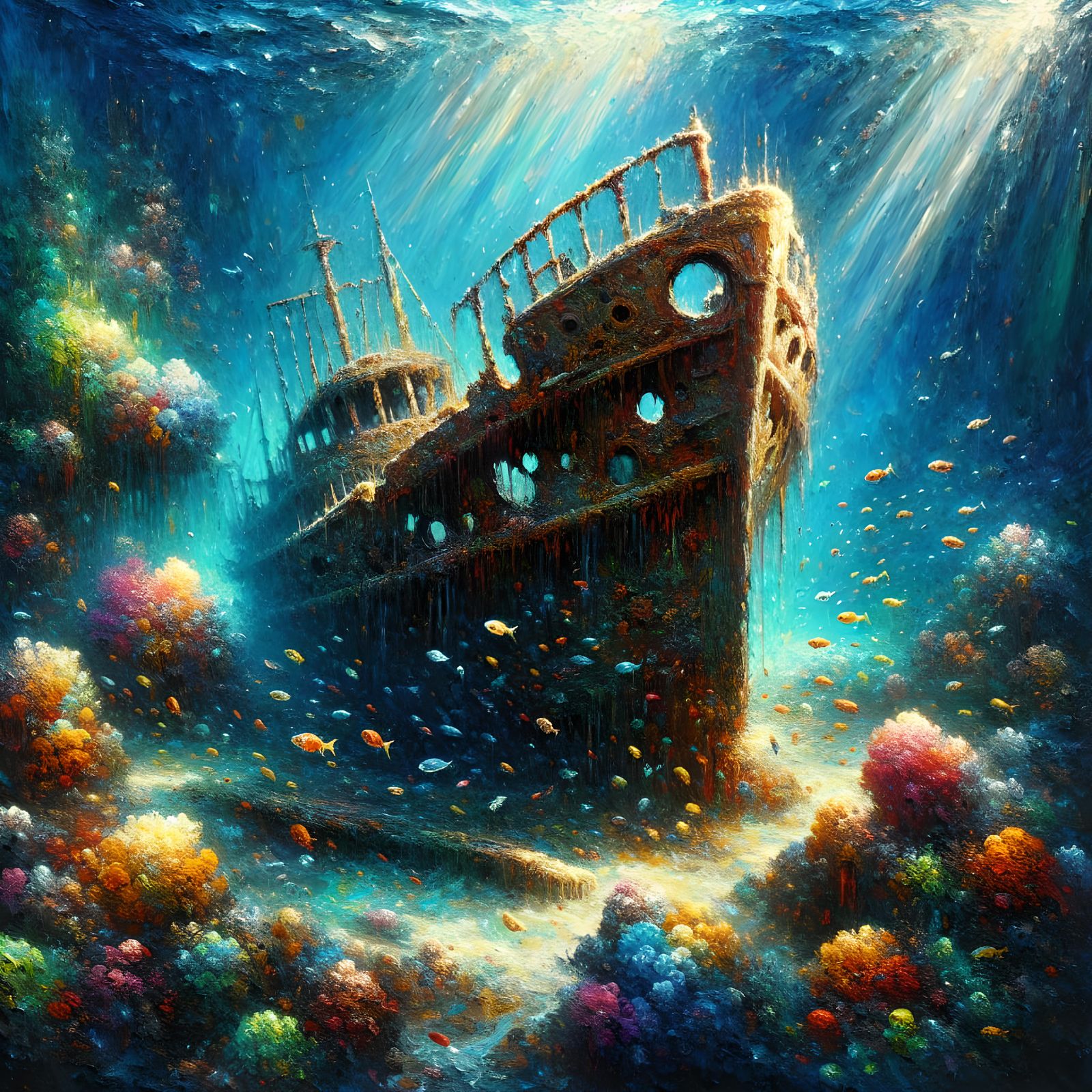 Underwater Shipwreck Impasto Painting with Vivid Coral