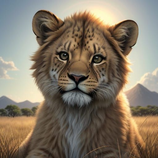 Realistic Lion Cub in the Savannah