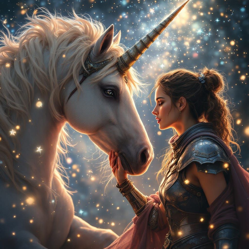 Heroine and Unicorn in Magical Matte Painting