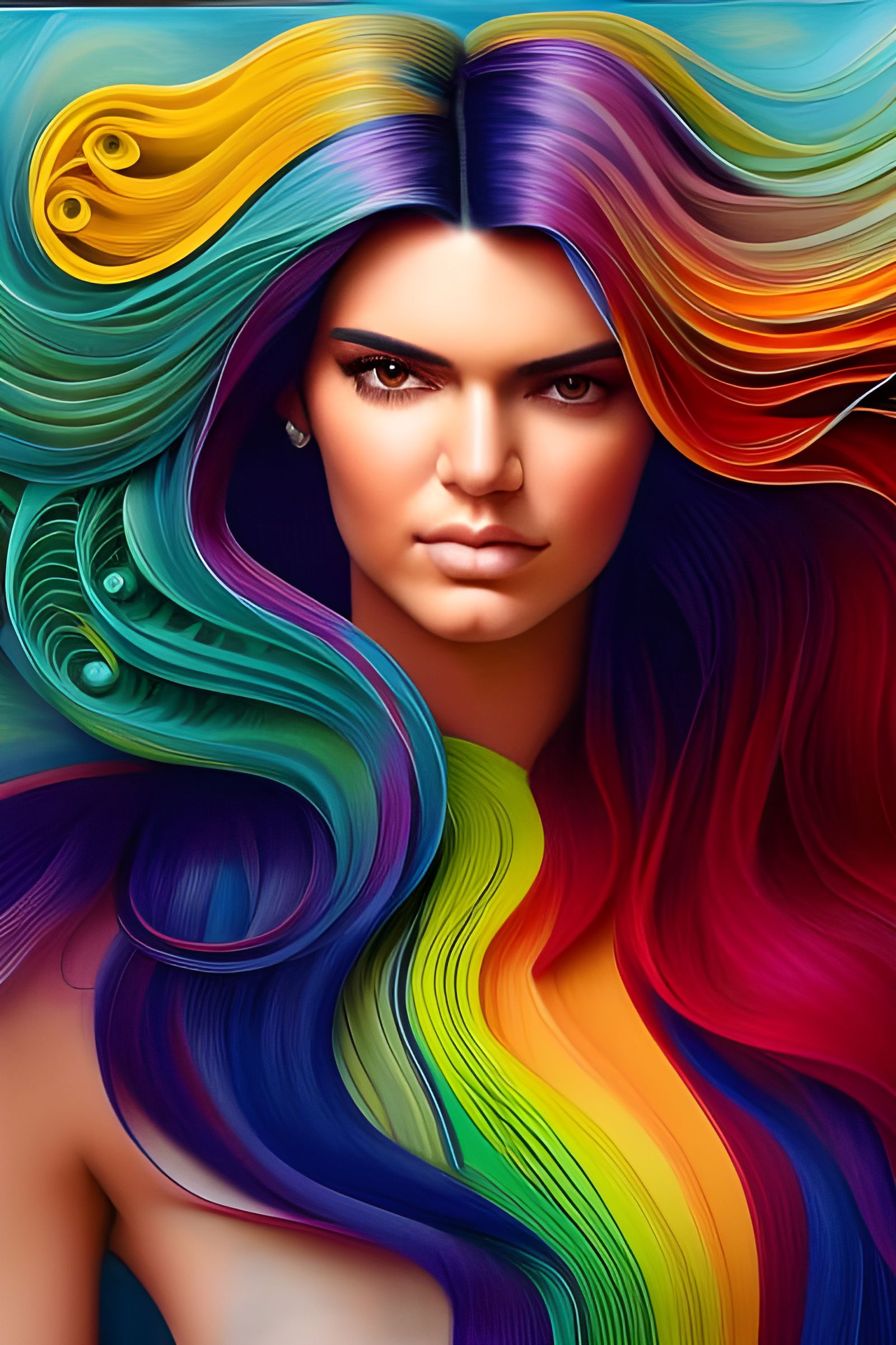 Kendall Jenner with Rainbow Hair, Detailed Portrait