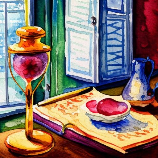 Hourglass on Table: Epic Impressionist Gouache Masterpiece