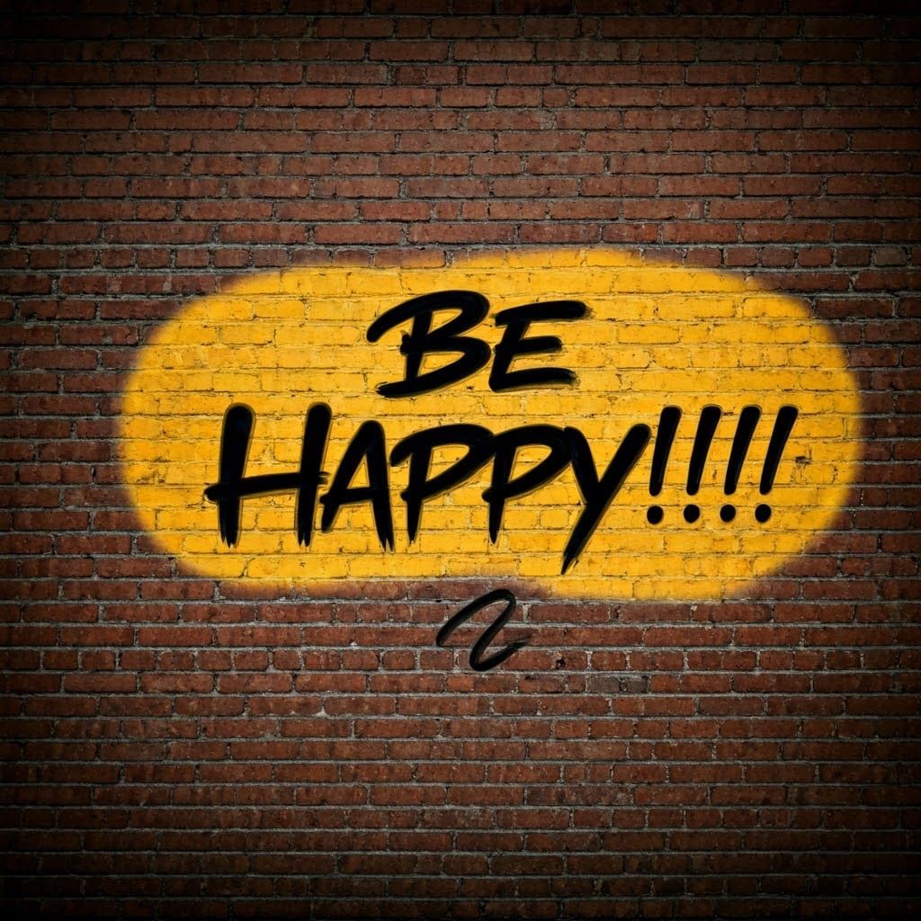 Calligraffiti Sign: "BE HAPPY!!!" With Steampunk Engine