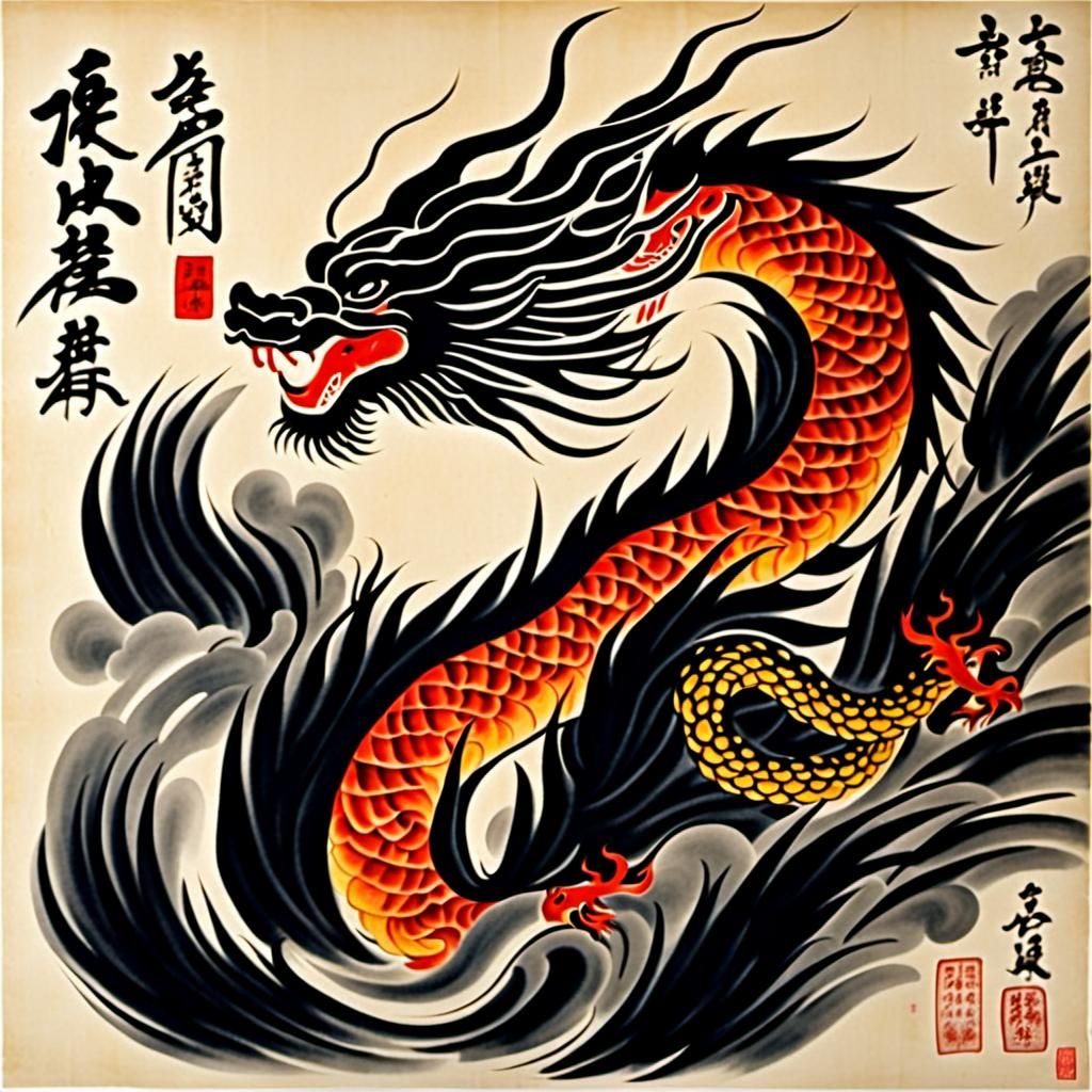 Fiery Dragon in Chinese Brushwork Style