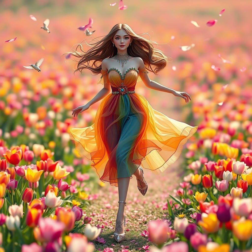 Vibrant Woman Runs Through a Field of Colorful Tulips in a W...