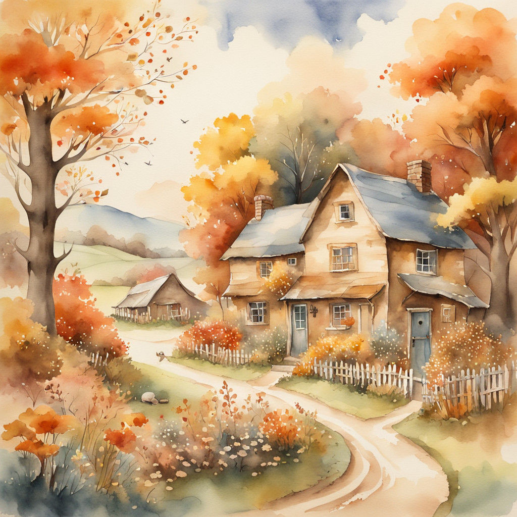 Idyllic Watercolor Village Scene in Pastel Hues