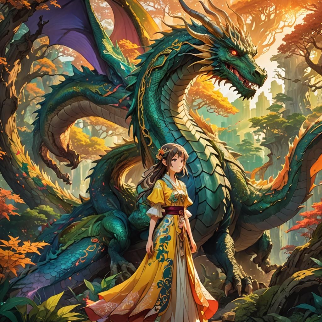 Girl and Dragon in Manga Anime Style