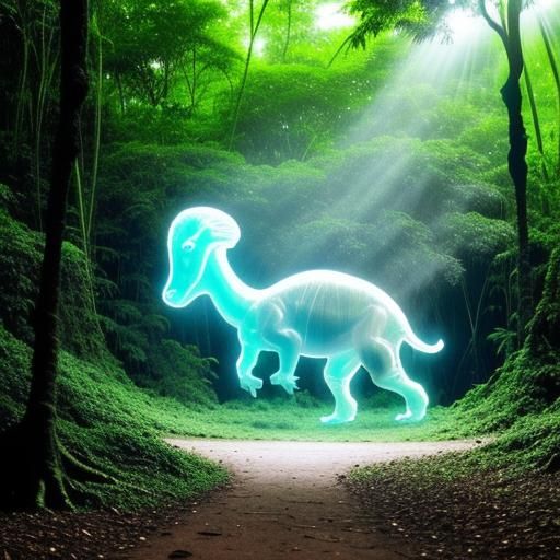 Holographic Dinosaurs Roam Tropical Forest in Sci-Fi Style