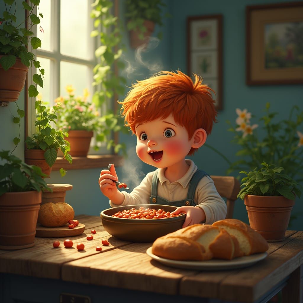 Warmth of Childhood: Chubby Boy in Whimsical Kitchen
