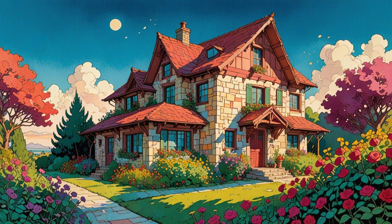 Whimsical Block House with Flowers in Bright Sunlight