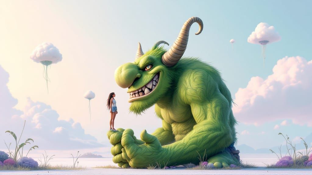 Green Troll and Adventurous Woman in Surreal Landscape