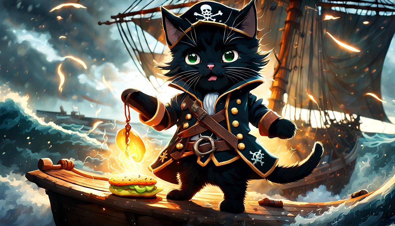 Stormy Seas: Kitten Pirate on a Galleon Deck