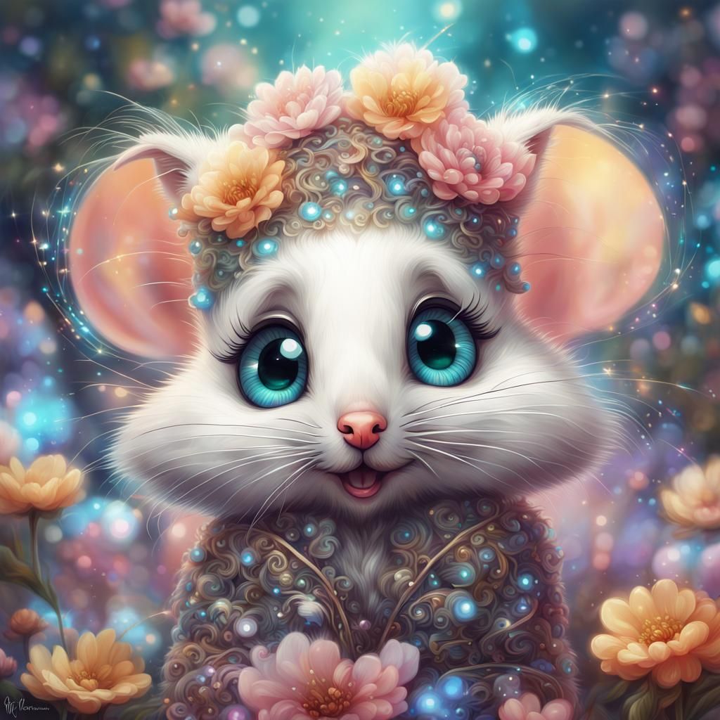 Magical Mouse Creature with Holographic Details, Digital Art