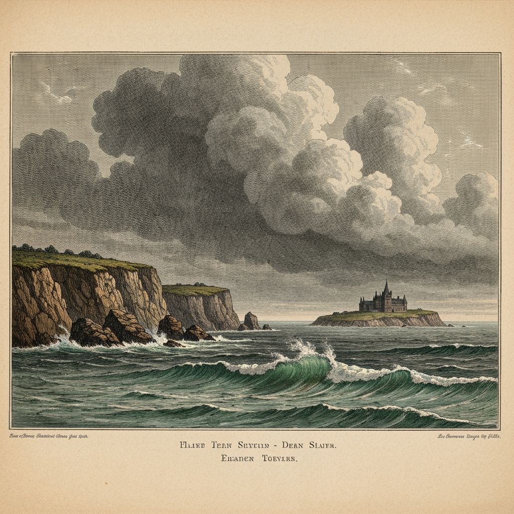 Island View with Crashing Waves and Dark Mansion, Vintage En...
