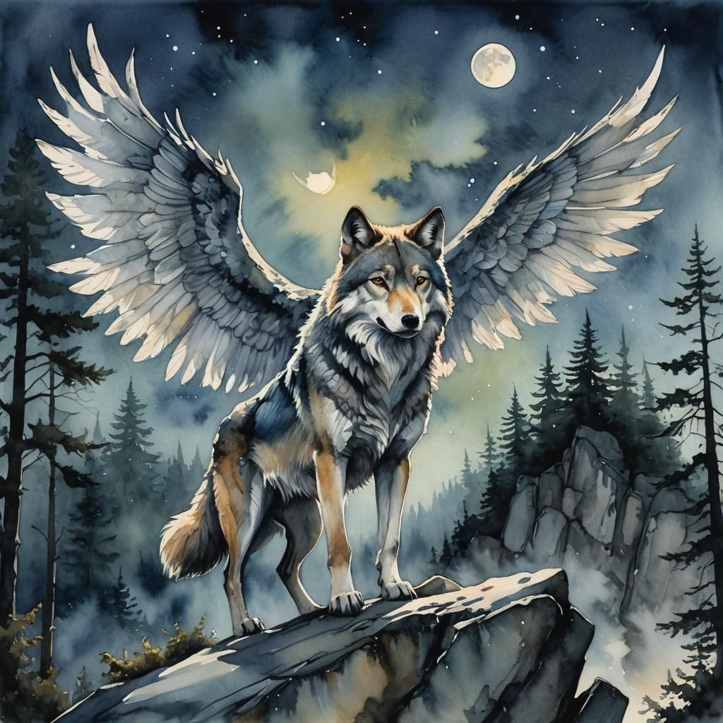 Wolf with Angel Wings: Surreal Watercolor Painting