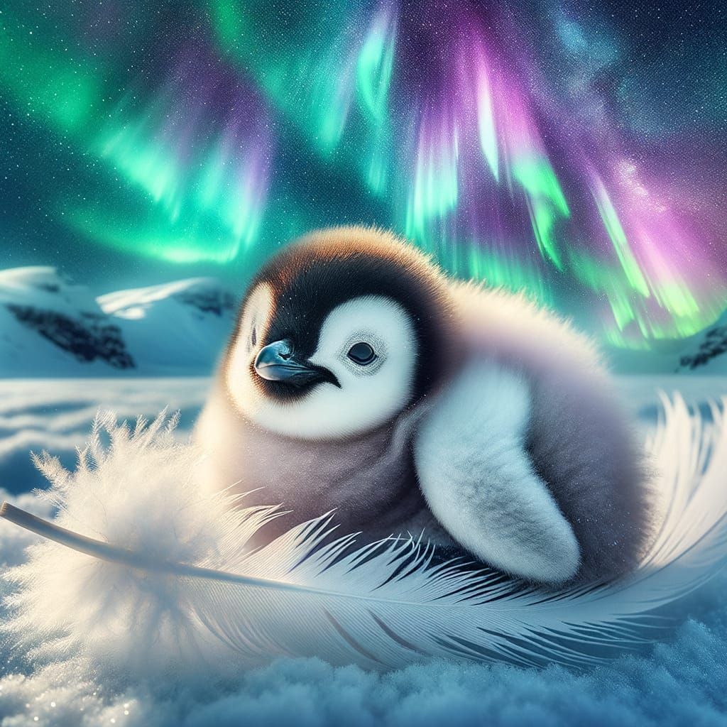 A fuffy baby penguin nestled under the wonderful northern li...