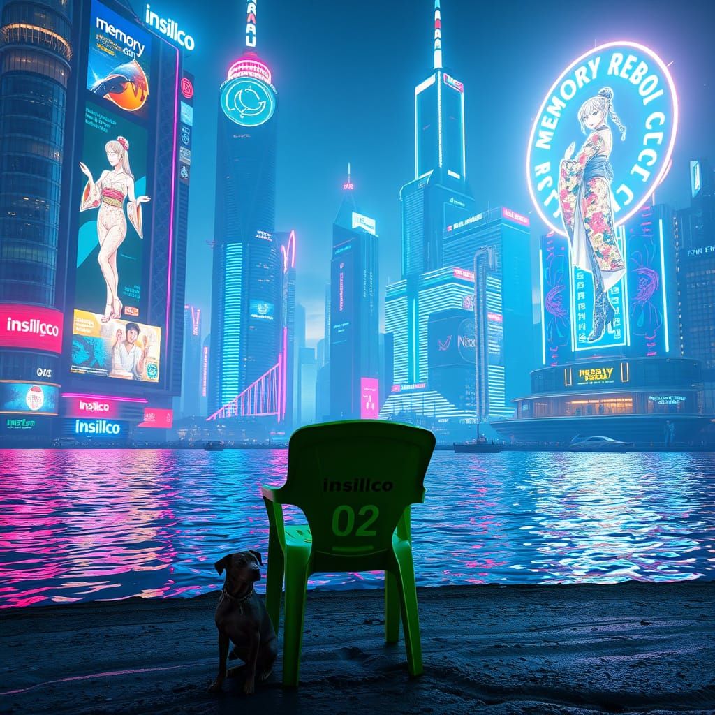 Abandoned Chair Amidst Cyberpunk Cityscape