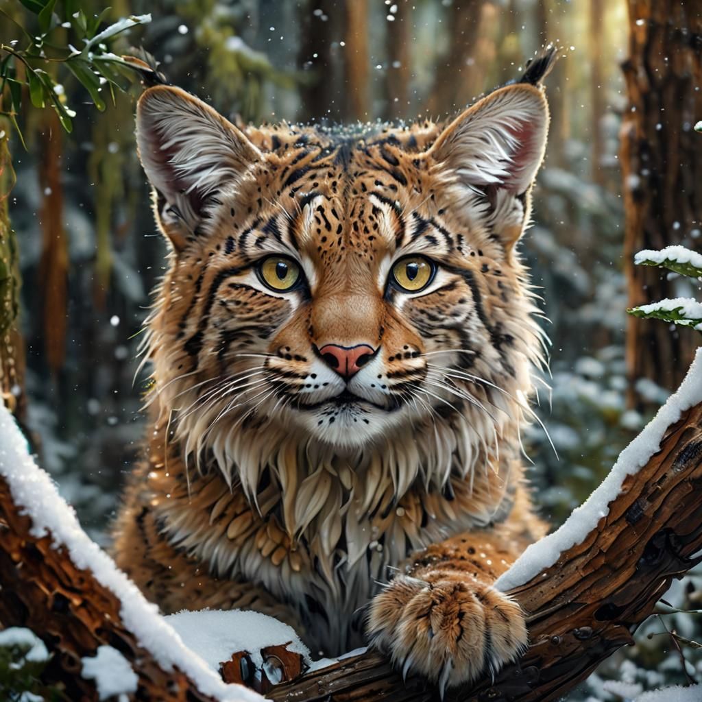 Psychedelic Watercolor Bobcat Cub in Snowy Forest