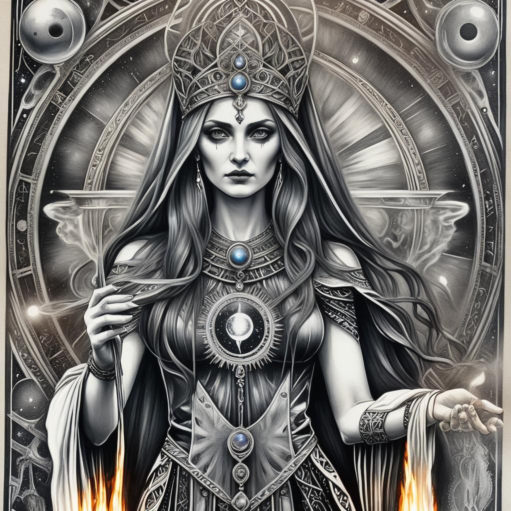 High Priestess Tarot Card in Charcoal Drawing