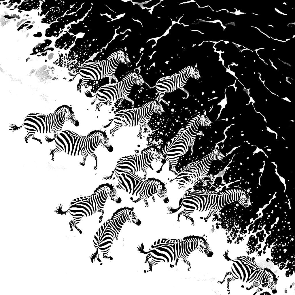 Zebras Charging Through Surf: Impressionist Painting