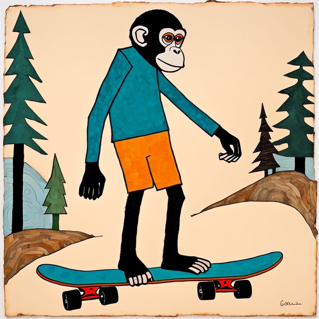 Monkey on Skateboard in Naive Art Style