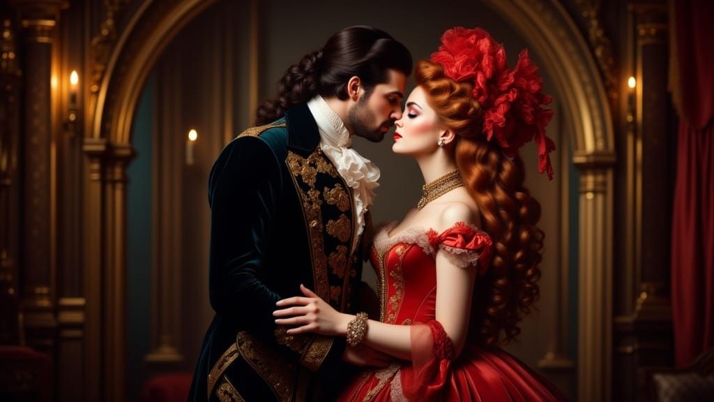 Ethereal Kiss in Opulent, Retro Futuristic Elegance