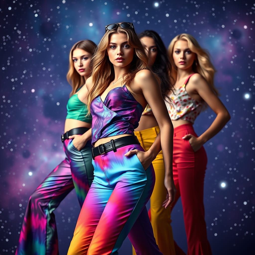 Vibrant Galactic Runway Models in Psychedelic Bell Bottoms