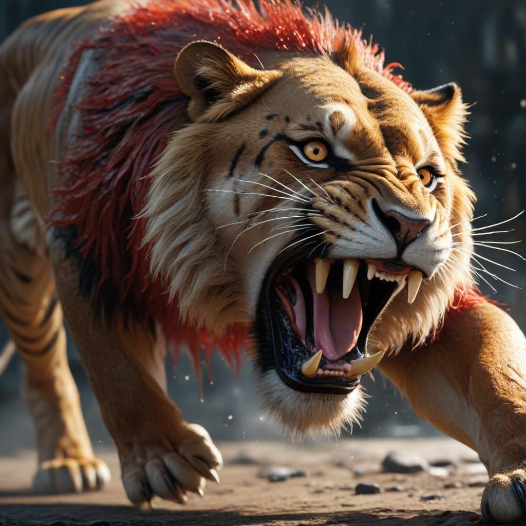 Terrifying Lion Attack: Hyper-Realistic Photorealistic Image