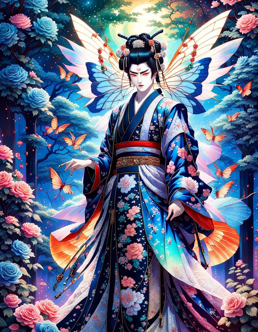 Epic Anime Male Geisha Portrait in Vaporwave Style