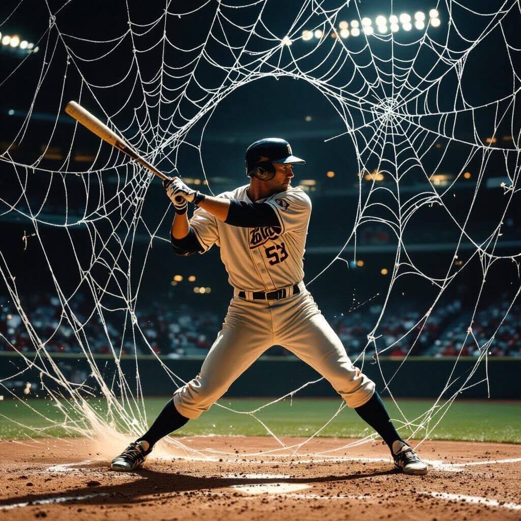Baseball Player Swinging Bat Amidst Surreal Spider Webs