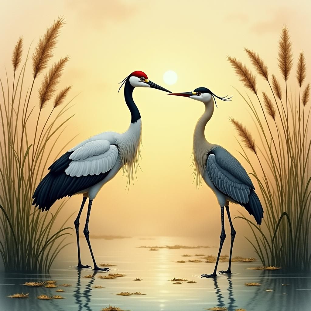 Crane Serenades Heron in Dreamy Wetlands