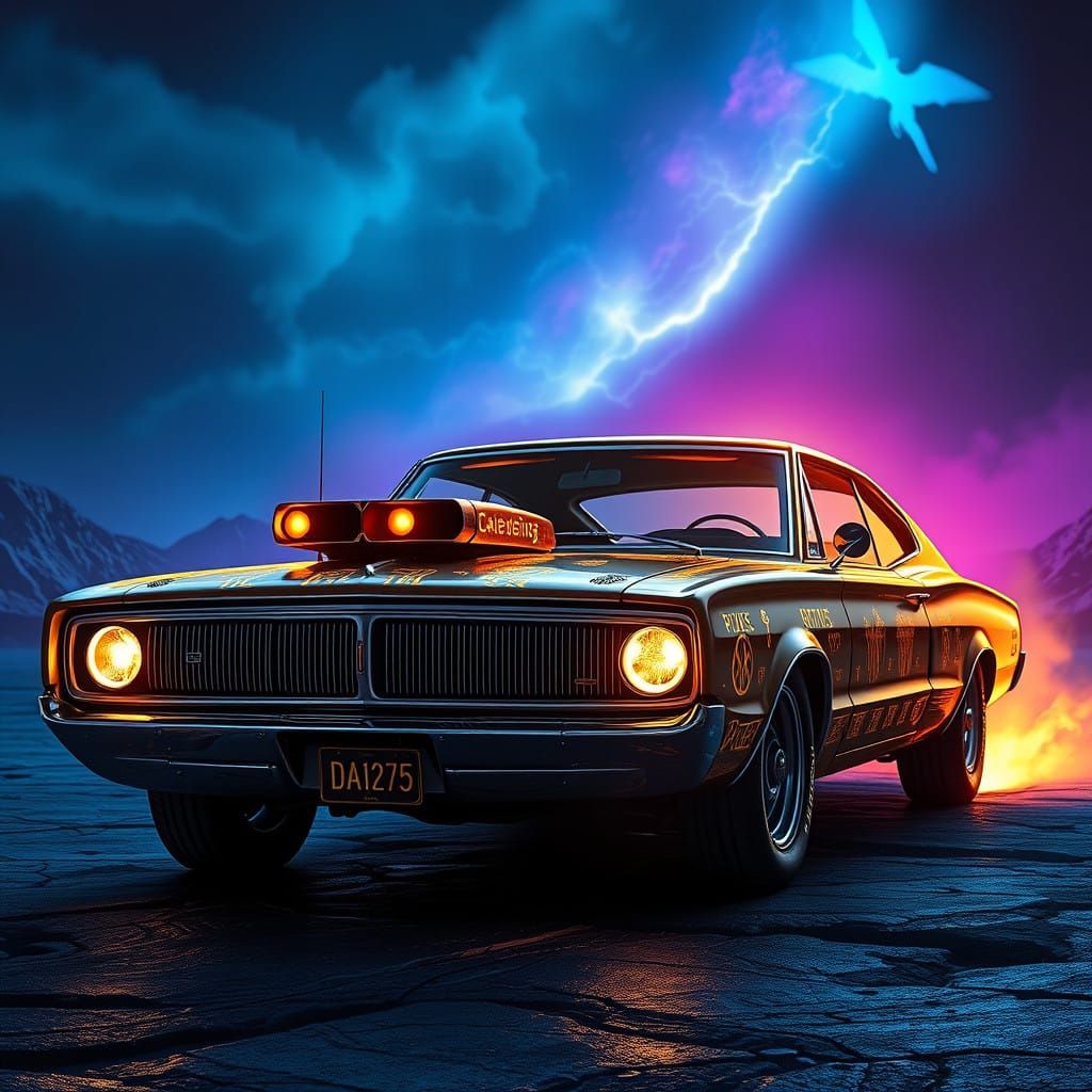 Cyberpunk Charger: Mystical Dodge Charger in Neon Dreamscape