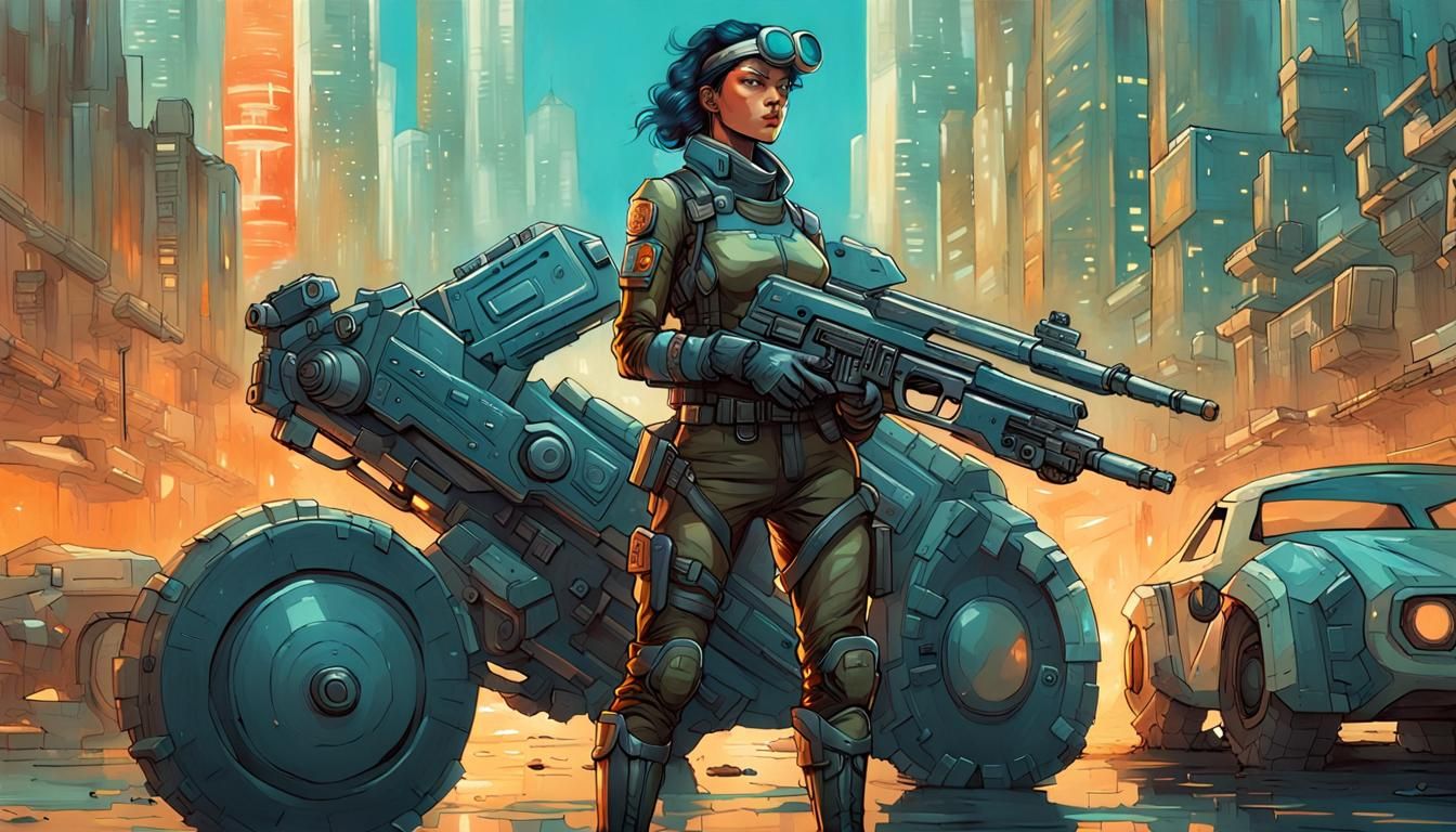 Retro-Futuristic Soldier Woman with Flying Bike