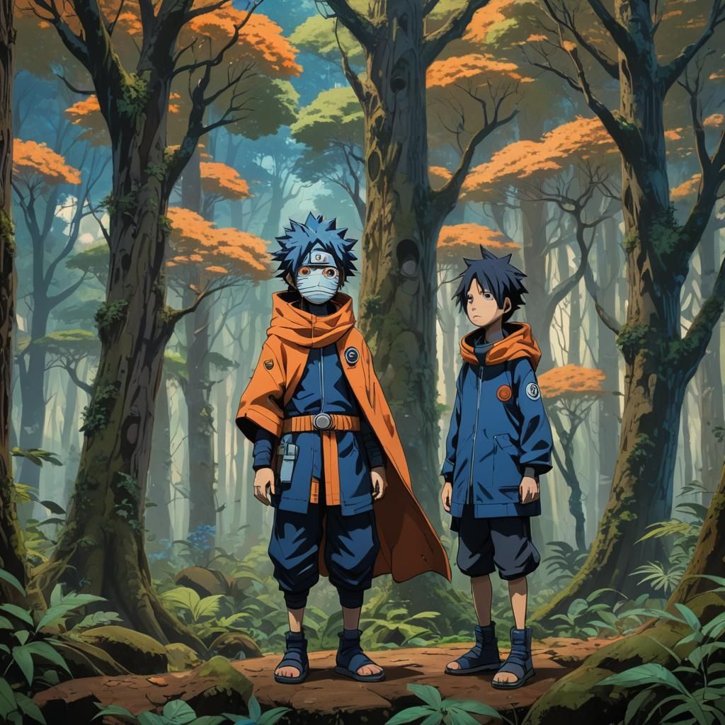 Obito and Rin in Vibrant Forest, Fantasy Art