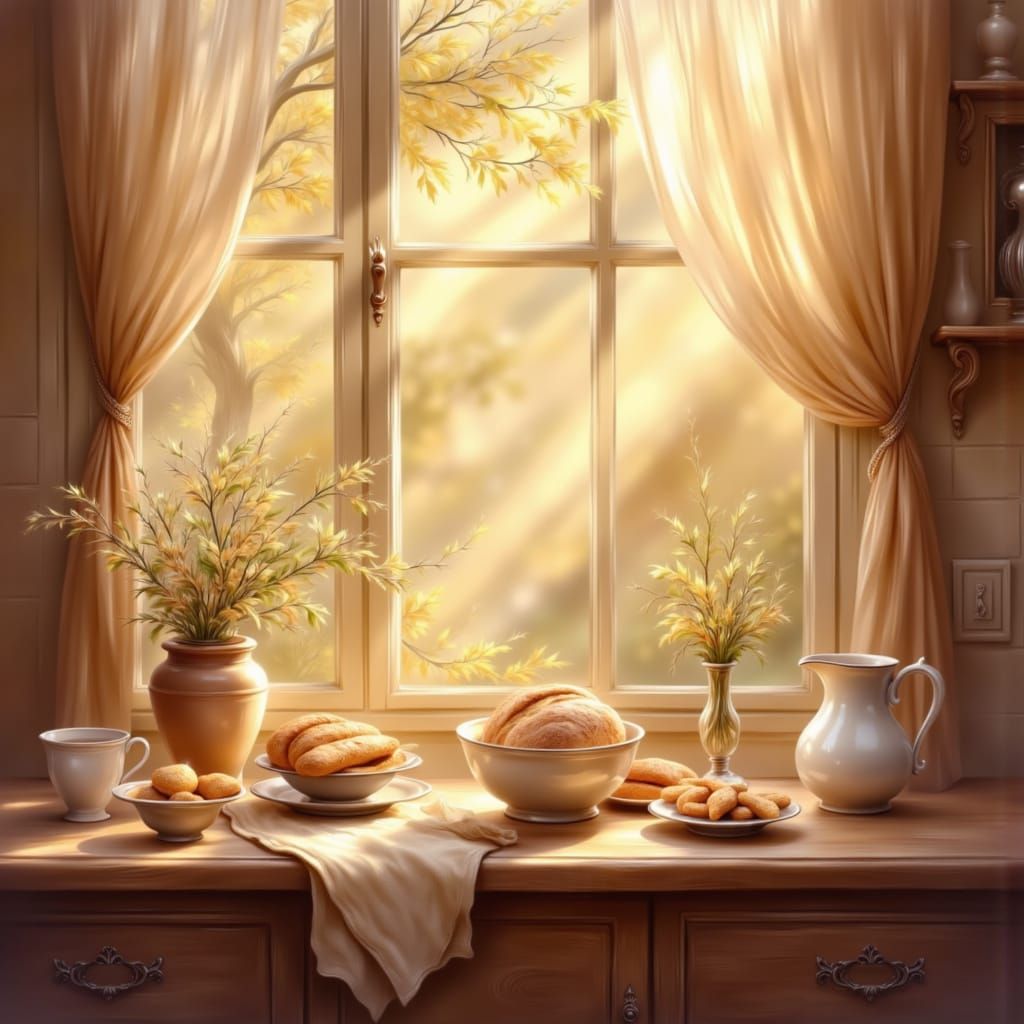 Sunlit Kitchen with Ceramic Bowls and Fresh Milk