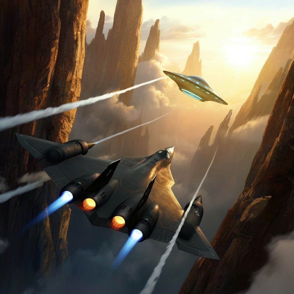 Sleek SR-72 Pursues Oval-Shaped UFO in Epic Canyon Chase