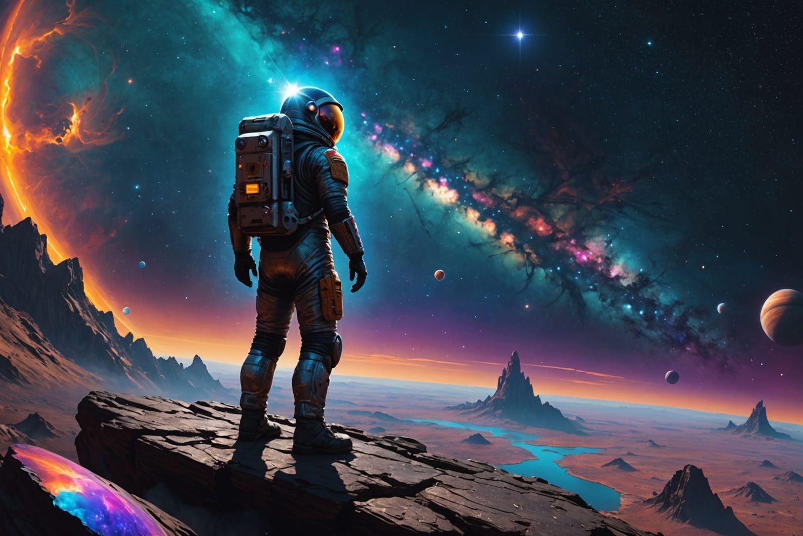 Astronaut Contemplates Infinite Universe in Dark Fantasy Sty...