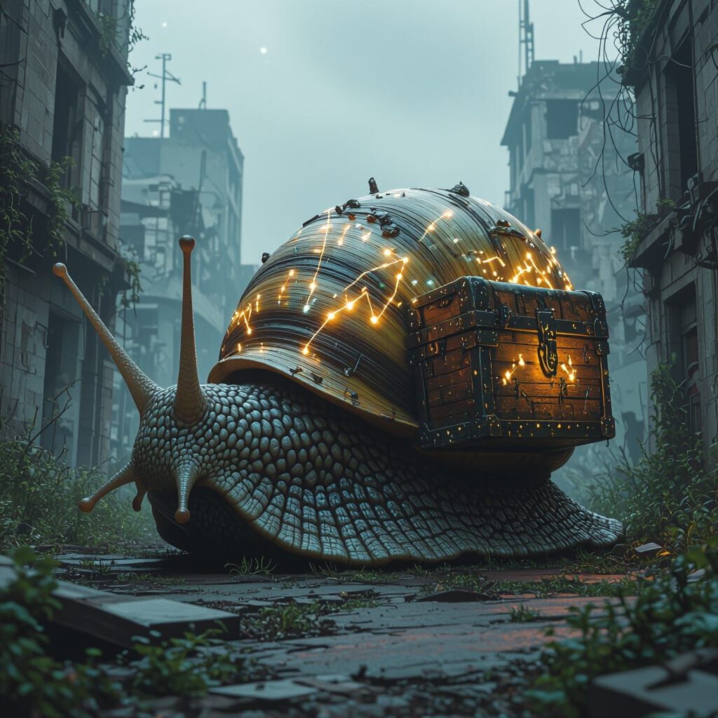 Colossal Snail Navigating Crumbling Cityscape