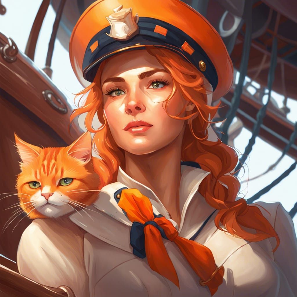 Confident Sailor and Orange Cat Portrait