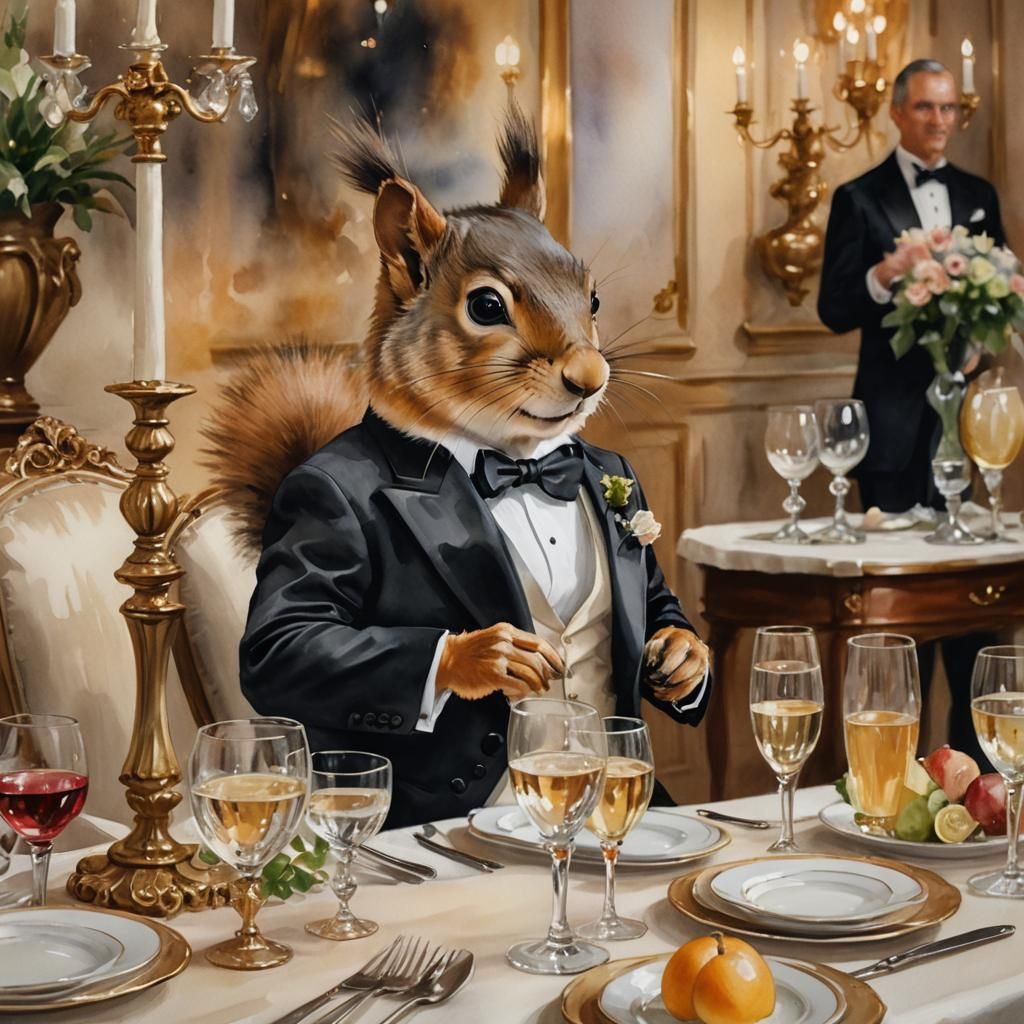 Squirrel in Tuxedo: Whimsical Watercolor Dinner Party